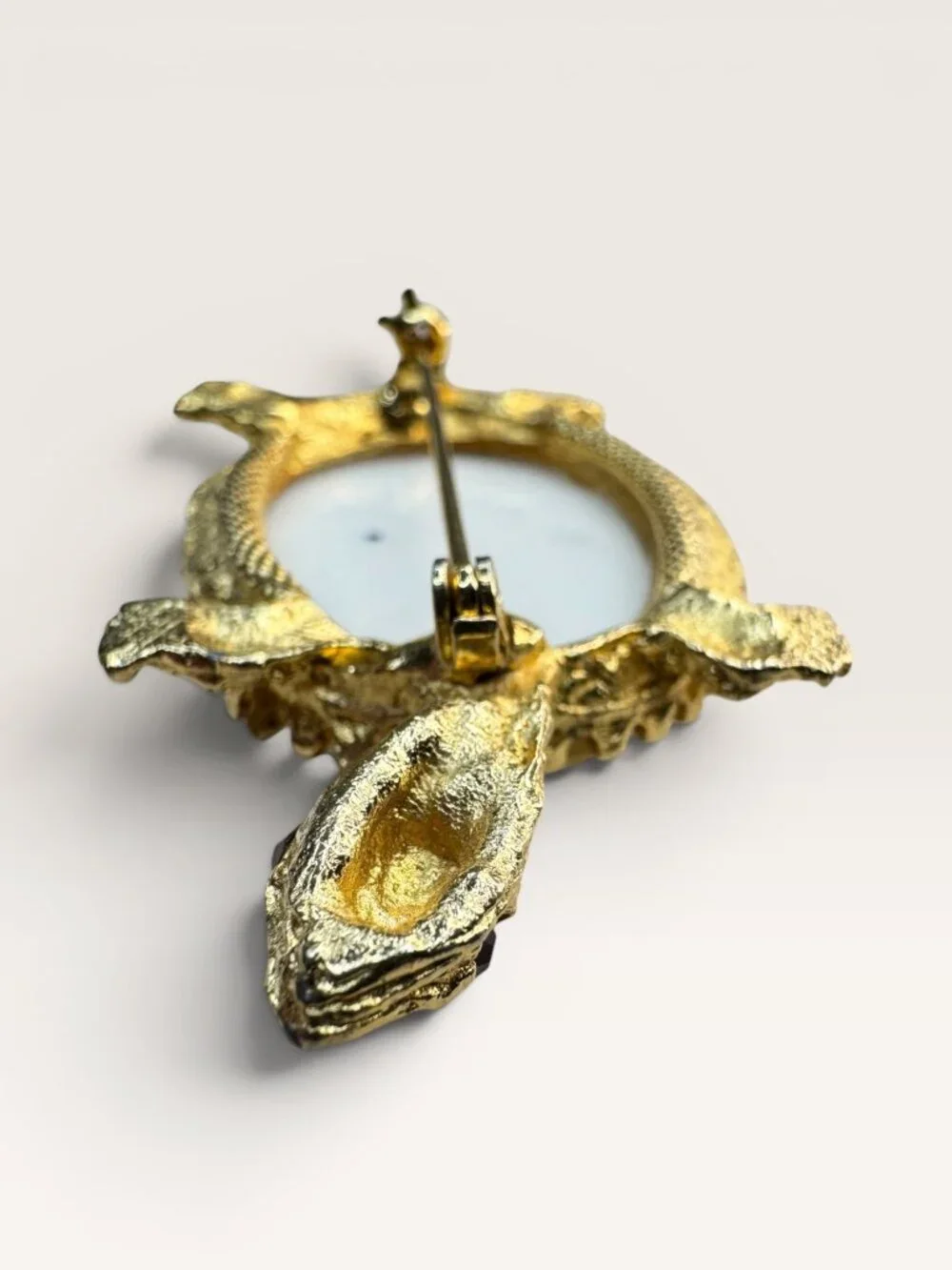 1960s White Glass Gold Leaf Turtle Brooch Gold Tone Figural Animal Vintage